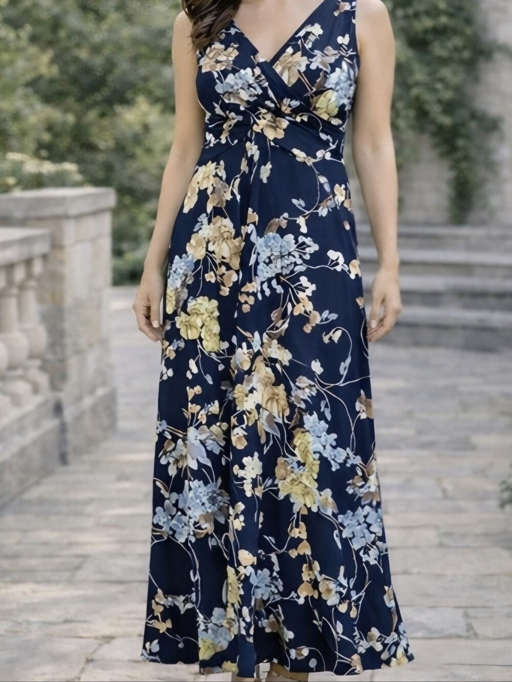 Lauren Ralph Lauren Floral Maxi Dress Navy Blue Elegant Stretch Size 6 Classic